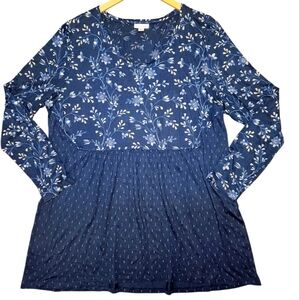 J Jill‎ Babydoll Tunic Top Floral Blue Long Sleeve Flowy Cottagecore Prairie L